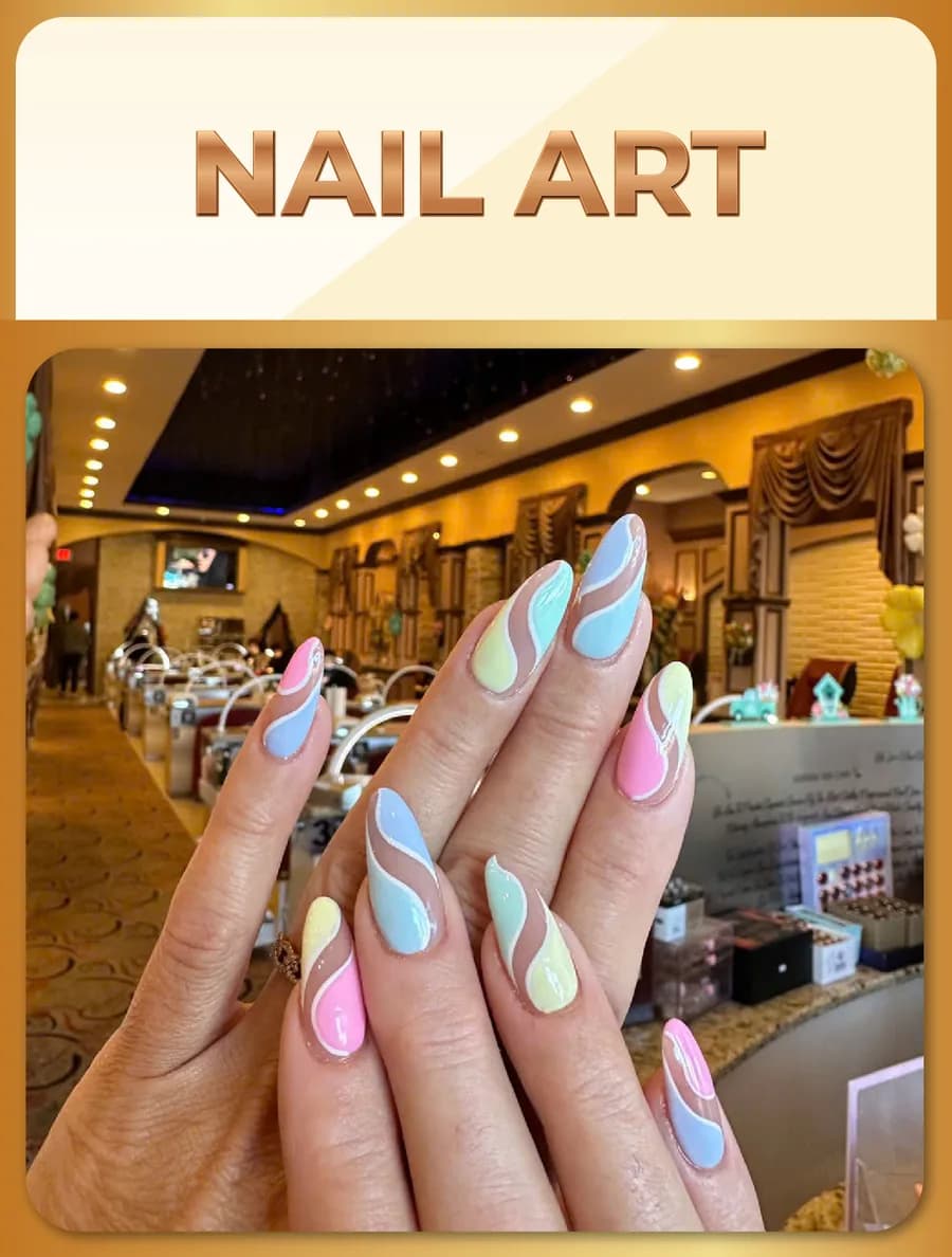 Nail art service — pastel swirl nail design at Belle Palace Marlton